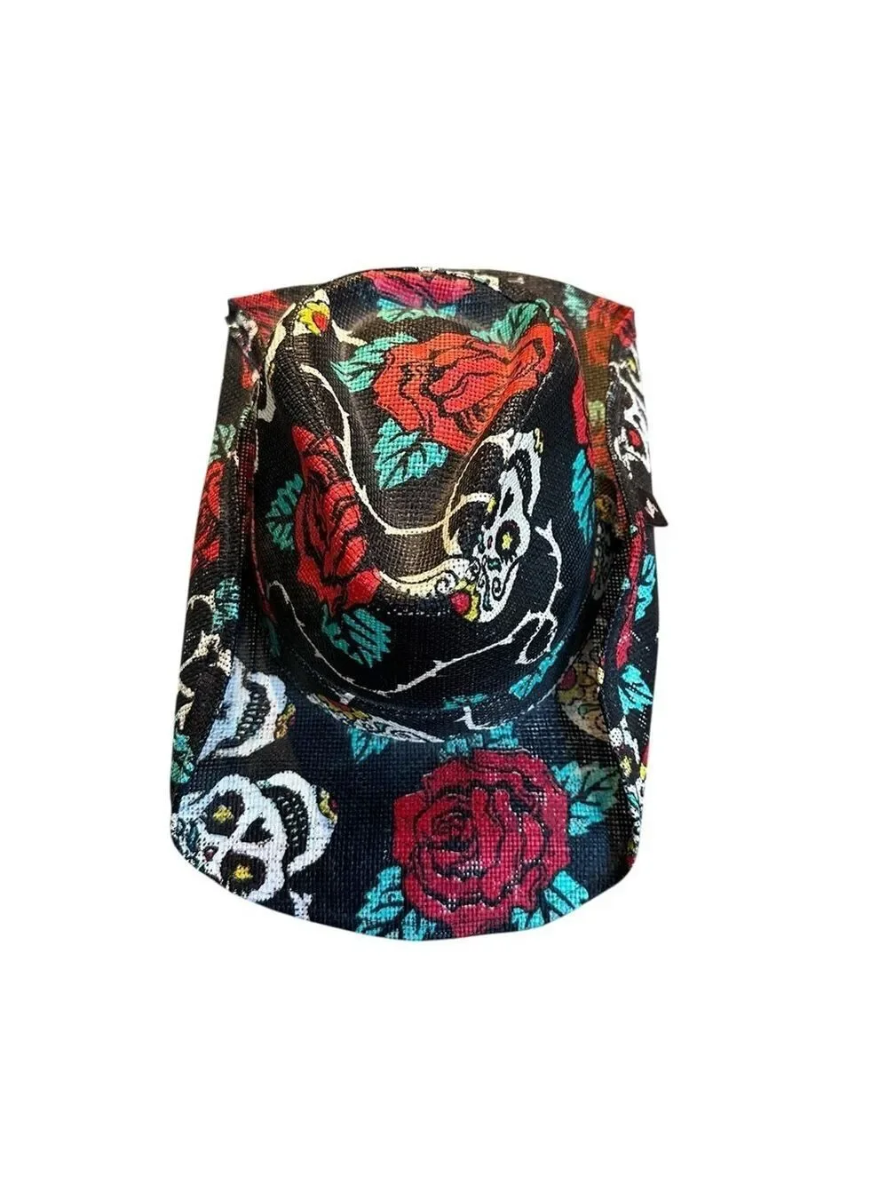 Peter Grimm Cowboy Hat Sugar Skulls/Rose Print Black Cotton Western Cowgirl EUC